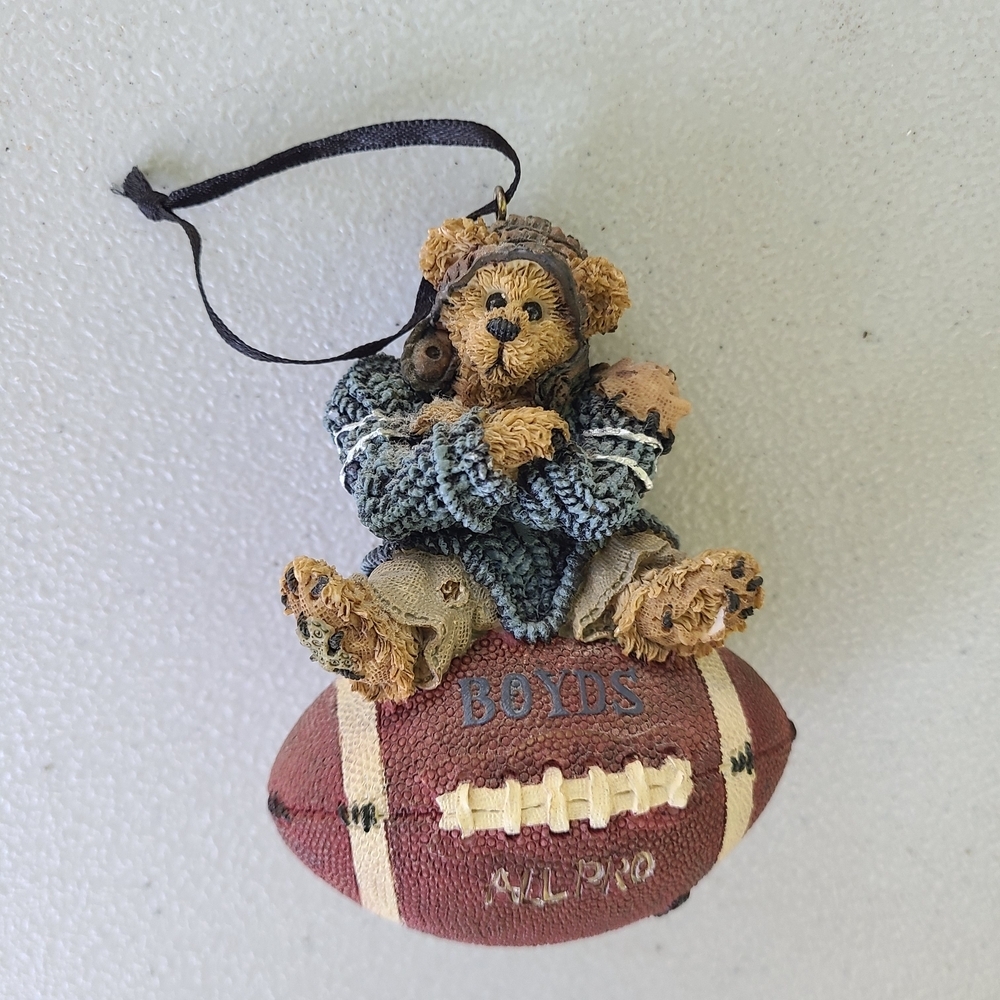 Boyds Bear Football Ornament - Brown Bear Blue Sweater Crossing Arms Number‎ 11